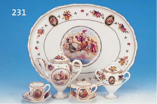 TETE-A-TETE, OSKAR SCHLEGELMILCH, UM 1910, PORZELLAN, REICH BUNT LITHOGRAPHIERT MIT BLUMENBOUQUETS UND GALANTEN SZENEN IN KAR- TUSCHEN, ...