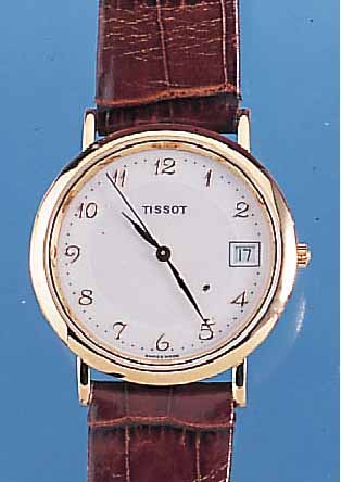 TISSOT HERRENARMBANDUHR MONOCOQUE, SCHWEIZ UM 1994, GG 750/000, FLACHE GESAMTAUSF., MINERALFLACHGL., HIGH-TECH-QUARTZWERK, ORIG.- LEDERB. M. ...