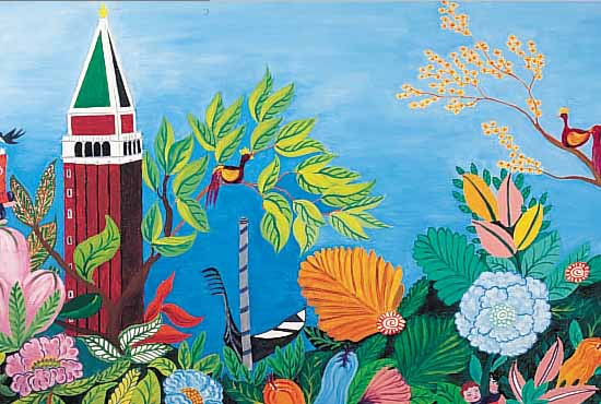 GASPARDO, FRANCESCA, ZEITGEN. ITALIENISCHE MALERIN AUS VENEDIG, NAIVE LANDSCHAFT MIT ELEMENTEN AUS VENEDIG, ÖL/LWD, LI. U. SIGN., CA. 50 X 60 ...