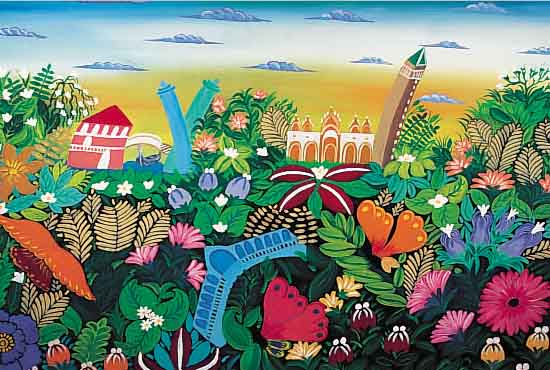 GASPARDO, FRANCESCA, ZEITGEN. ITALIENISCHE MALERIN AUS VENEDIG, NAIVE LANDSCHAFT MIT ELEMENTEN AUS VENEDIG, ÖL/LWD, LI. U. SIGN., CA. 50 X 70 ...