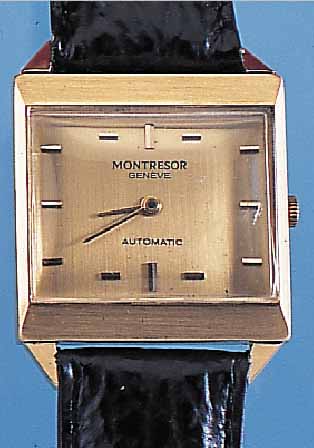 MONTRESOR HERRENARMBANDUHR, REF.-NR. 1906, SCHWEIZ UM 1966, GG 750/000-CARREE-GEH., LüNETTE TEILW. SATIN., BODEN GEDR., SATIN. VERG. ...