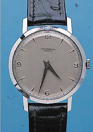 UNIVERSAL GENEVE HERRENARMBANDUHR, SCHWEIZ UM 1948, METALL 2. GEH. HARTVERCHR., BODEN U. GLASRAND GEDR., BLATT REST., RUNDANKERW., 15 ST., ...