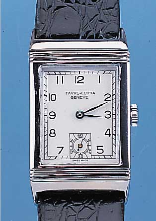HERRENARMBANDUHR BEZEICHNET FAVRE LEUBA, METALLWENDEGEH. HARTVERCHR., EMAILFARB. KON- TRASTZIFFERBL., GEBL. STAHLZEIGER, FORMANKER- WERK ...