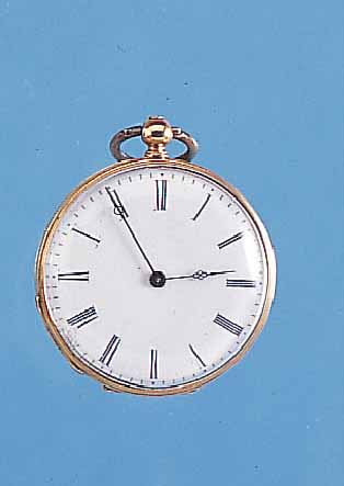 DAMENTASCHENUHR LEPINE, SCHWEIZ UM 1880, RG 585/000, SCHLüSSELAUFZ., EMAILBL. REP., METALLCUVETTE, VERG. ZYLINDERW., 10 ST., FLIE-GENDES ...