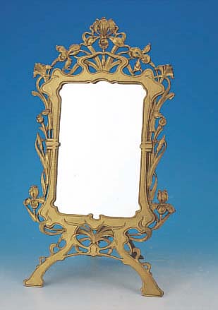 TISCHSPIEGEL, DEUTSCH, UM 1900, GUßEISEN, GOLDFARBEN GEFAßT, FLORALE DURCH- BRUCHARBEIT, H. CA. 49 CM