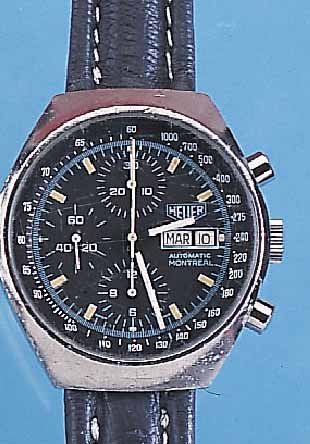 HEUER ARMBANDCHRONOGRAPH MONTREAL, REF.-NR. 1020/750-503, SCHWEIZ UM 1976, EDELST., BODEN GESCHR., MINERALFLACHGL., SCHW. KONTRASTZIF- FERBL., ...