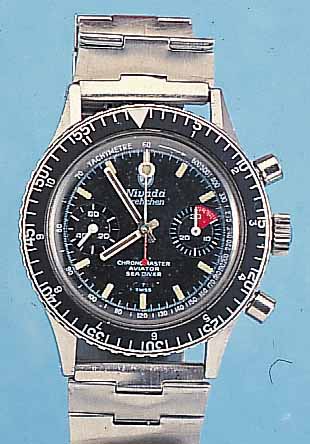 NIVADA ARMBANDCHRONOGRAPH AVIATOR, REF.-NR. 8504, SCHWEIZ UM 1968, EDELST., BODEN GESCHR.,EDELST.-BAND SEK., LüNETTE M. 60ER U. 12ER TEILUNG ...