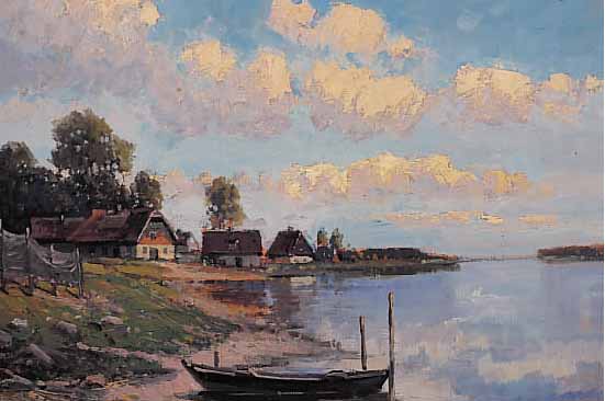 DäNISCHER MALER AUS DER ZEIT UM 1920, KüSTENLANDSCHAFT MIT BAUERNHäUSERN, ÖL/HOLZ, LI. U. UNLESERLICH SIGN., CA. 40 X 50 CM, R.