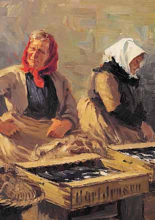 UNBEKANNTER WOHL DäNISCHER MALER, 20ER JAHRE, ZWEI FISCHVERKäUFERINNEN, ÖL/LWD, LI. U. UNLESERLICH SIGN., CA. 39 X 42 CM, R.
