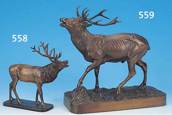 BRONZESKULPTUR, SIGN. H. PIRSCHEL, RöHRENDER HIRSCH, 30 X 30 X 13 CM