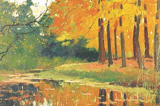 UNBEKANNTER MALER, FLANDERN, UM 1910-20, HERBSTLICHE WALDLANDSCHAFT AM SEE, ÖL/LWD, RE. U. SIGN., DATIERT 1922, CA. 33 X 54 CM, R.
