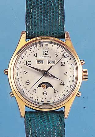 LIBAN WATCH CO. HERRENARMBANDUHR AUTOMATIK, REF.-NR. 42/698, SCHWEIZ UM 1955, METALL HART-VERG. BER., EDELST.-SCHR.-BODEN, VOLLKALENDER-ANZ. INCL. ...