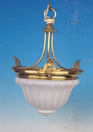 DECKENLAMPE, WOHL SPANIEN, UM 1915/20, MESSING, MATTIERTER GLASEINSATZ, EINE BRENNSTELLE, H. CA. 46 CM, D. CA. 29.5 CM, ...