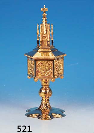ZIBORIUM, GOTISIEREND, UM 1880/90, SILBER VERGOLDET, REICH VERZIERT, H. 35 CM, MIN. REST., GUTER ZUSTAND