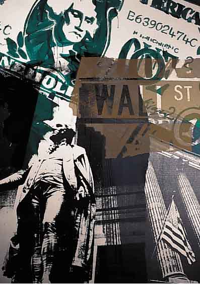 KUHL, HANS-JüRGEN, GEB. 1941 DATTENFELD/SIEG, LEBT IN KöLN, WALL-STREET, MIT ACRYLFARBEN üBERMALTER SIEBDRUCK AUF LWD, UNSIGN., CA. 120 X 100 ...