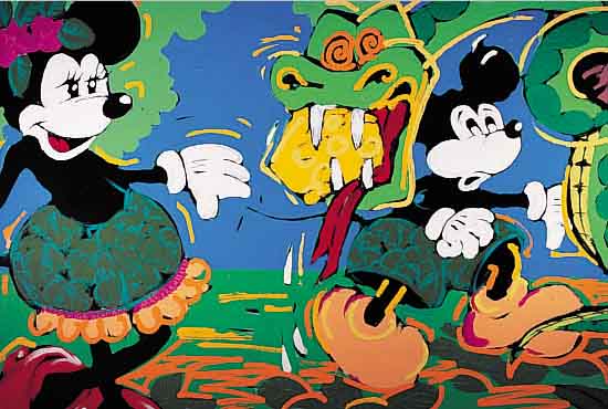 KUHL, HANS-JüRGEN, GEB. 1941 DATTENFELD/SIEG, LEBT IN KöLN, MICKEY UND MINNIE UND DIE SCHLANGE, ÖL/LWD, UNSIGNIERT, CA. 100 X 140 CM