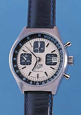 HEUER ARMBANDCHRONOGRAPH, REF.-NR. 14747, SCHWEIZ UM 1975, EDELST., BODEN GESCHR., NEU- TR. LEDERB., ORIG.-ETUI, 30-MIN.-STOPPZäHLER, DATUM, ...