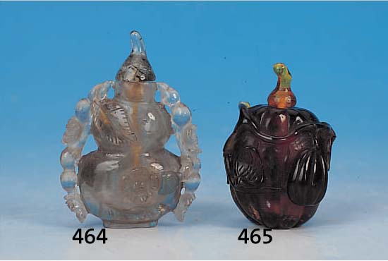 SNUFFBOTTLE, CHINA, 20. JH., BERGKRISTALL REICH GESCHNITTEN, DOPPELKüRBISFORM, H. CA. 6 CM