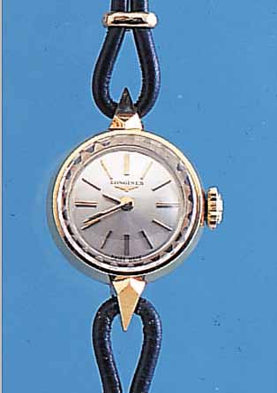 LONGINES DAMENARMBANDUHR, REF.-NR. 7409/1, SCHWEIZ UM 1964, GG 750/000, BODEN GEDR., NEUTR. KORDELLEDERB., MONTUREN M. GG-AUFLAGE, BOMB. ...
