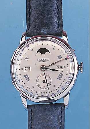 RECORD HERRENARMBANDUHR, REF.-NR. 763595, SCHWEIZ UM 1946, METALL NACHVERCHR., EDELST.- BODEN U. GLASR. GEDR., BLATT REST., VOLLKALEN-DERANZ. ...