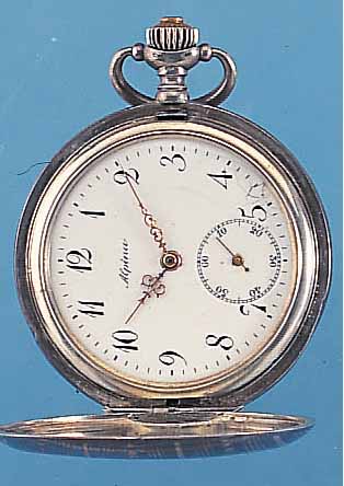 ALPINA HERRENTASCHENUHR SAVONETTE, REF.-NR. 140142, SCHWEIZ UM 1920, TULASILBER IM STREI- FENDEKOR, EMAILBL. RISS./SIGN., VERG. BRüCKEN-ANKERW., ...