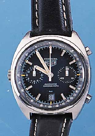 HEUER ARMBANDCHRONOGRAPH CARRERA, REF.-NR. 110-253, SCHWEIZ UM 1969, EDELST., BODEN GE- SCHR., AUTOMATIK, 30-MIN.- U. 12-STD.-STOPP- ZäHLER, ...