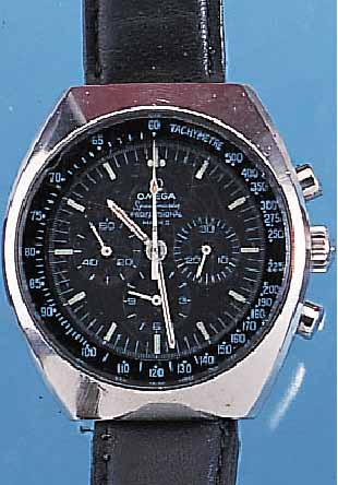 OMEGA ARMBANDCHRONOGRAPH SPEEDMASTER/PROFESSI-ONAL, REF.-NR. 145-014, SCHWEIZ UM 1970, EDELST. MASSIV, BODEN GESCHR., MINERALGL. (BER., IM ...