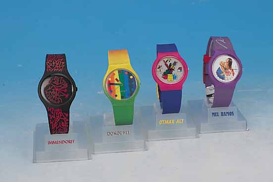 VIER KüNSTLERUHREN, CHAOS WATCH EDITION, 90ER JAHRE, DOKOUPIL, RAINBOW-WATCH, 2999 EXP., JöRG IMMENDORF LA PALOMA-WATCH, 4999 EXP., MEL ...