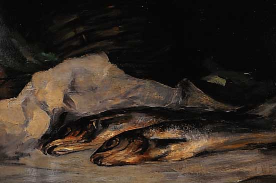 BAHRMANN, HERMANN, 1874 ELBERFELD-1941 WUPPER-TAL-BARMEN, SCHüLER VON H. BALUSCHEK IN BERLIN 1904-20, STILLEBEN MIT FISCHEN, ÖL/ MALKARTON, ...