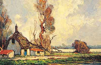 UNBEKANNTER MALER DER 50ER JAHRE, BAUERNGE- HöFT IN DER HEIDE, ÖL/LWD, LI. U. UNLESERLICH SIGN., CA. 50 X 70 CM, R.