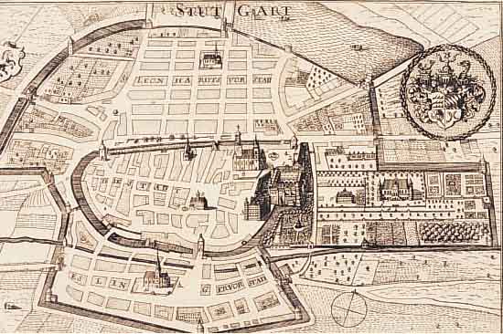 KONVOLUT VON 7 BLATT MIT ANSICHTEN VON STUTT- GART, 1.) KUPFERSTICH V. BODENEHR, CA. 1720,STUTTGART, AUS DER HALBEN VOGELSCHAU MIT EINZEICHNUNG ...