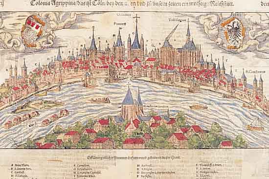 KONVOLUT VON 4 BLATT MIT ANSICHTEN VON KöLN, 1.) KOLOR. HOLZSCHNITT VON S. MüNSTER, CA. 1590, GA., AUF DER DOPPELTEN BUCHSEITE, BILD- GR. 18 X ...