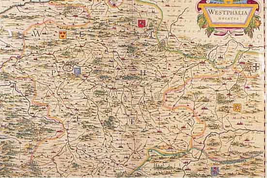 2 BLATT MIT KARTEN VON WESTFALEN, 1.) KOLOR.KUPFERSTICHK. V. J. JANSONIUS, CA. 1650, WESTPHALIA, MIT PRACHTVOLL KOLOR. KARTUSCHE RE. O., SEHR ...