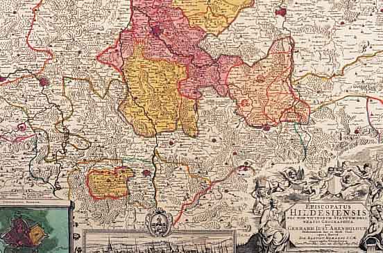 KONVOLUT VON 2 BLATT MIT KUPFERSTICHK. V. HILDESHEIM, 1.) ALTKOLOR. KUPFERSTICHK. V. HOMANN, CA. 1750, EPISCOPATUS HILDESIENSIS, MIT GA VON ...