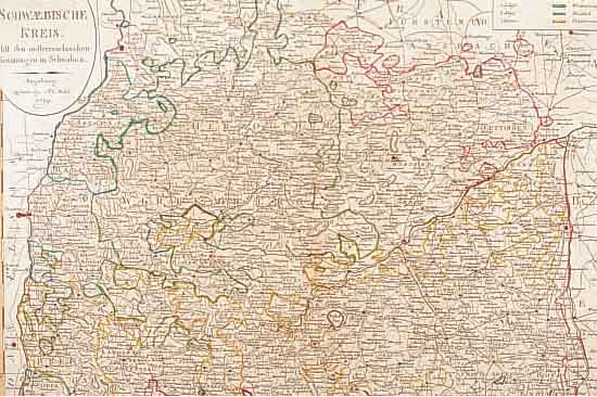 SELTENE ALTKOL. KUPFERSTICHKARTE VON J. WALCH,1799, DER SCHWAEBISCHE KREIS NEBST DEN OESTERREICHISCHEN BESITZUNGEN IN SCHWABEN, MIT KLEINER ...