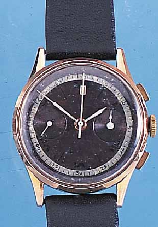 LANDERON ARMBANDCHRONOGRAPH, REF.-NR. 3121, SCHWEIZ UM 1948, ROSE-G. 750/000, BODEN U. GLASR. GEDR., METALLCUV. ZUR ARMIERUNG, ORIG.-BLATT FL., ...