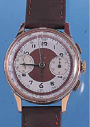 LANDERON ARMBANDCHRONOGRAPH, REF.-NR. 1822, SCHWEIZ UM 1948, ROSE-G. 750/000, BODEN U. GLASR. GEDR., METALLCUV. ZUR ARMIERUNG, 2-FARBORIG.-BLATT, ...