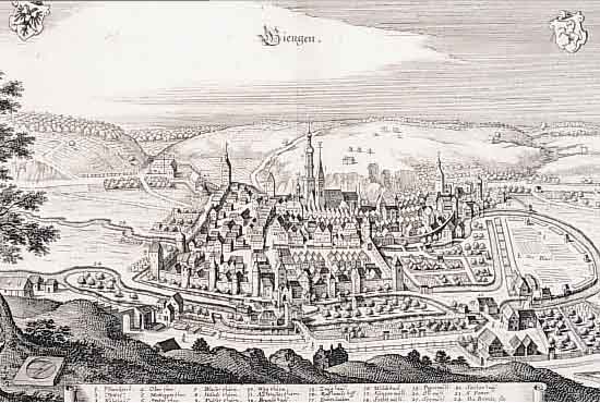2 BLATT GIENGEN/A. D. BRENZ, 1.) KUPFER- STICH M. MERIAN, GA GIENGEN, MIT LEGENDE AM UNTEREN RAND DES DEKORATIVEN BLATTES, 21,5 X 32,5 CM; 2.) ...