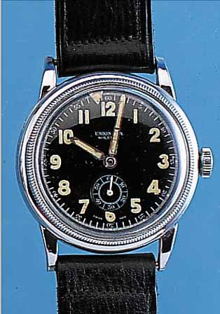 UNION S.A. FLIEGERARMBANDUHR SOLEURE, SCHWEIZ UM 1936, METALL HARTVERCHR., EDELST.- BODEN U. DREHLüNETTE GEDR., SCHW. ORIG.-KON- ...