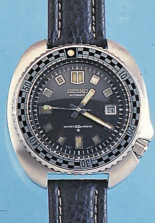 SEIKO HERRENTAUCHERUHR AUTOMATIK, REF.-NR. 4D1410, EDELST., JAPAN UM 1972, BODEN GESCHR.,(SCHR.-KRONE ZU REP.), LüNETTE BEIDS. DREHB., BOMB. ...