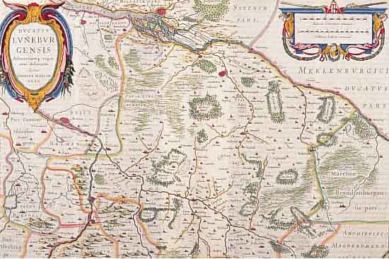 KOLOR. KUPFERSTICHK. V. J. JANSONIUS, CA. 1650, DUCATUS LUNEBURGENSIS NACH J. MELLINGERO, MIT PRACHTVOLL KOLOR. GR. KARTUSCHE ...