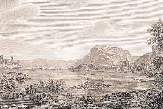 KONVOLUT VON 7 BLATT, MIT ANSICHTEN VON KOB-LENZ UND UMGEBUNG: 1.) KUPFERSTICH AUS MAL. ANSICHTEN DES RH. D. MOSEL U. D. HAARDT ENGEL-MANN, CA. ...