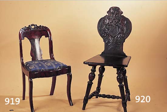 VIER STüHLE, SPäTBIEDERMEIER, UM 1860, MAHAGONI MASSIV UND FURNIERT, ALTERSBEDINGTE L. GEBRAUCHSSCHäDEN, SITZFLäCHEN NEU BEZOGEN, H. 82/45 ...