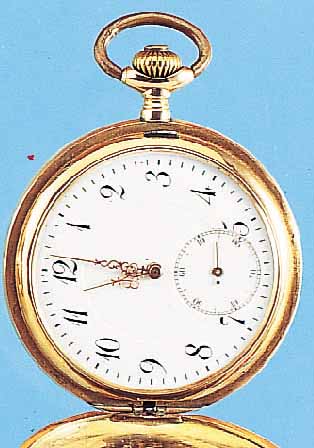 HERRENTASCHENUHR SAVONETTE, REF.-NR. 361196,SCHWEIZ UM 1912, RG 585/000, BER., EMAILBL., METALLCUVETTE, BRüCKENANKERW. MATT VERG., 15 ST., ...