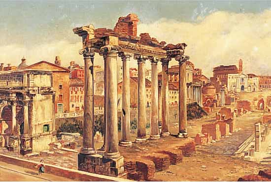 MEDINA, ALBERT, FRZ. MALER DES 20. JH., ANSICHT DES FORUM ROMANUM IN ROM, ÖL/LWD, RESTAURIERTE STELLE, LI. U. SIGN., CA. 44 X 100 CM, R.