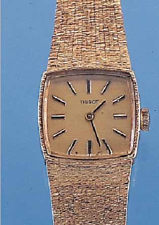 TISSOT DAMENGOLDUHR, REF.-NR. 8-1627, SCHWEIZ UM 1967, GG 585/000, OBERFL. MATT., BODEN GEDR., VERG. BLATT, FORMANKERWERK, 17 ST., ...