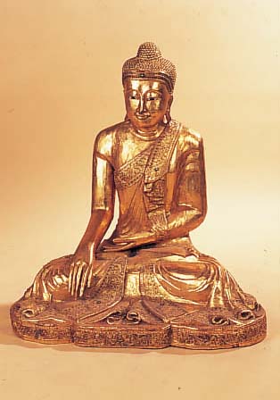 BUDDHA, BURMA/THAILAND, 20. JH., HOLZ GESCHNITZT UND REICH VERGOLDET, MEDITA- TIONSHALTUNG, GEWAND MIT BUNTEN VERSPIEGELTEN ...
