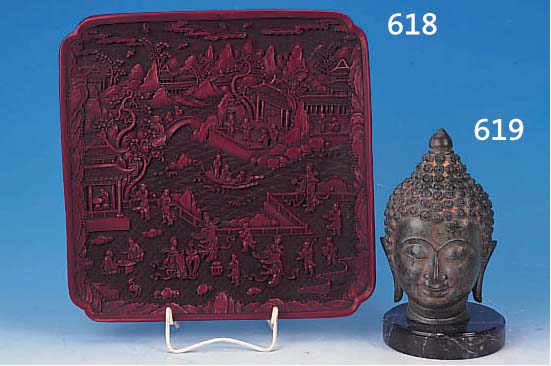 KOPF EINES BUDDHA, THAILAND, 20. JH., NACH DEM VORBILD DES 12.-13. JH., BRONZE, FEINER GUß, MARMORSOCKEL, GESAMTH. CA. 24 CM, KOPF CA. 21 ...