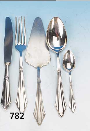 BESTECK 44-TLG., WMF, UM 1930, GRIFFE IN FäCHERDEKOR, METALL VERSILBERT, 100ER AUFLAGE,BEST. AUS: SECHS GABELN, SECHS MESSERN, SECHS LöFFELN, ...