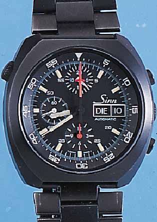 SINN ARMBANDCHRONOGRAPH SPACELAB, REF.-NR. 140/42, SCHWEIZ UM 1993, EDELST. SCHW. MATT., BODEN GESCHR., MINERALFLACHGL., KONTRASTZIF- FERBL., 60ER ...